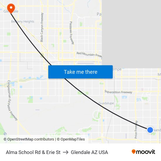 Alma School Rd & Erie St to Glendale AZ USA map