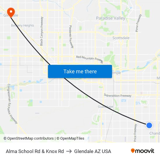 Alma School Rd & Knox Rd to Glendale AZ USA map