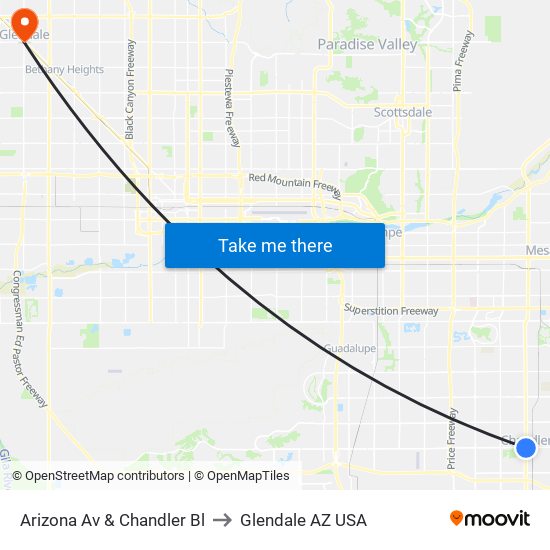 Arizona Av & Chandler Bl to Glendale AZ USA map