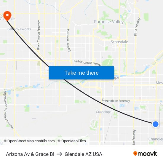 Arizona Av & Grace Bl to Glendale AZ USA map