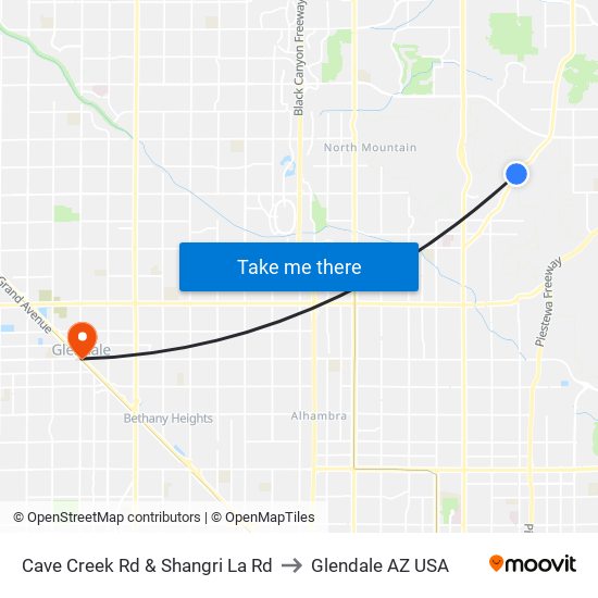 Cave Creek Rd & Shangri La Rd to Glendale AZ USA map