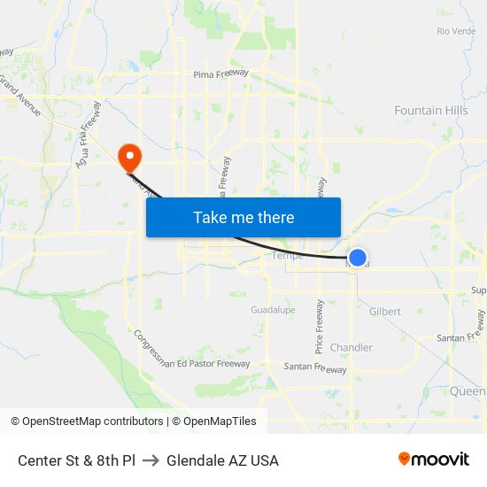 Center St & 8th Pl to Glendale AZ USA map