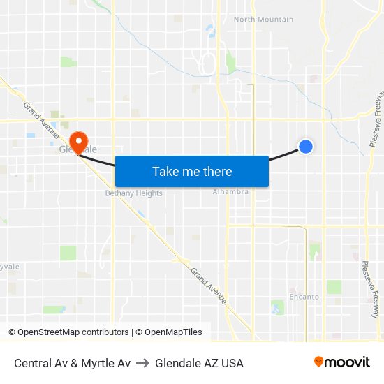 Central Av & Myrtle Av to Glendale AZ USA map