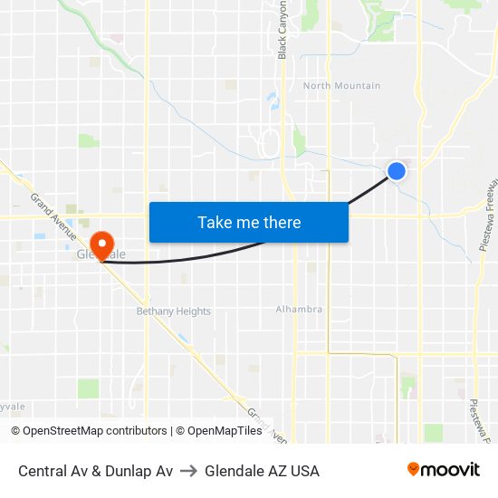 Central Av & Dunlap Av to Glendale AZ USA map