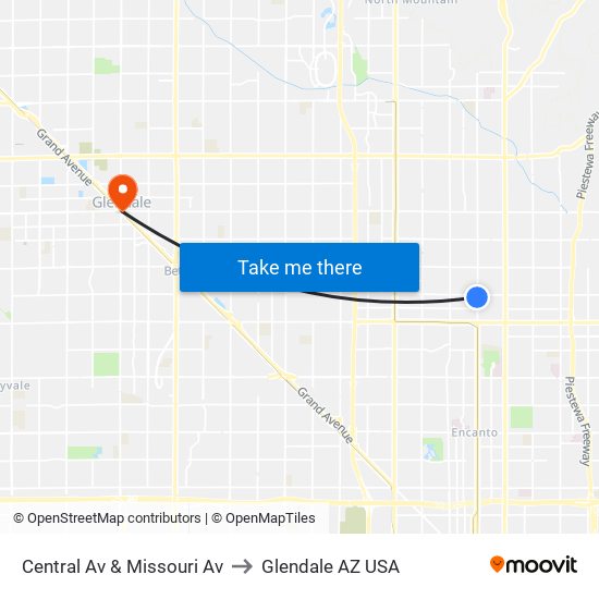 Central Av & Missouri Av to Glendale AZ USA map