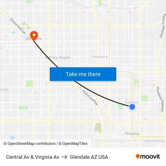 Central Av & Virginia Av to Glendale AZ USA map