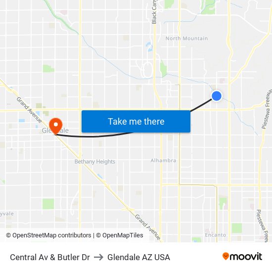 Central Av & Butler Dr to Glendale AZ USA map