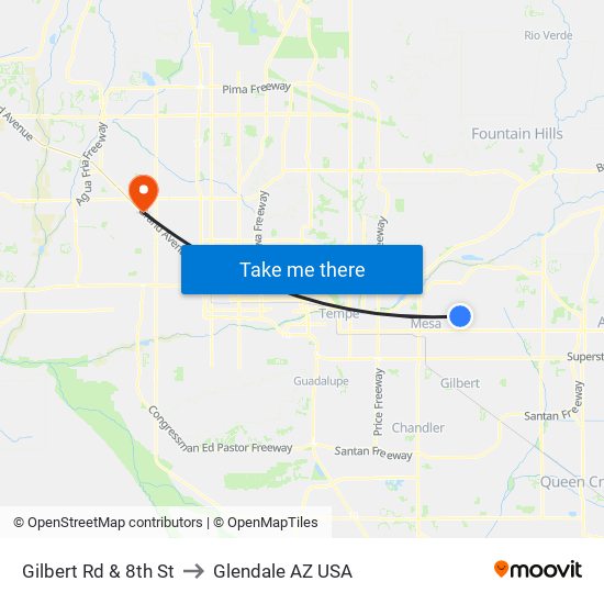 Gilbert Rd & 8th St to Glendale AZ USA map