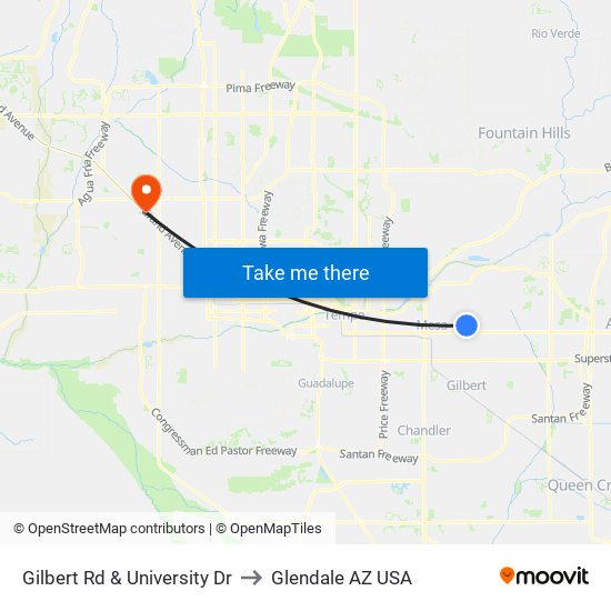 Gilbert Rd & University Dr to Glendale AZ USA map