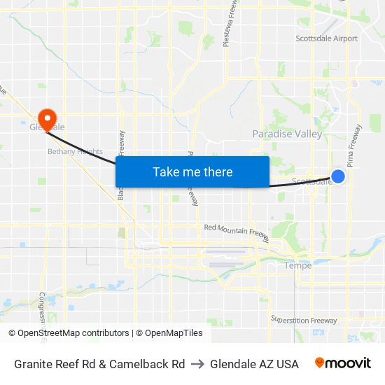 Granite Reef Rd & Camelback Rd to Glendale AZ USA map