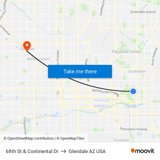 68th St & Continental Dr to Glendale AZ USA map