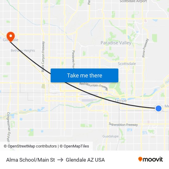 Alma School/Main St to Glendale AZ USA map