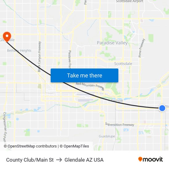 County Club/Main St to Glendale AZ USA map