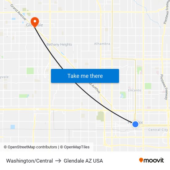 Washington/Central to Glendale AZ USA map
