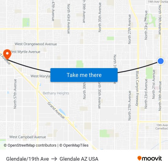 Glendale/19th Ave to Glendale AZ USA map