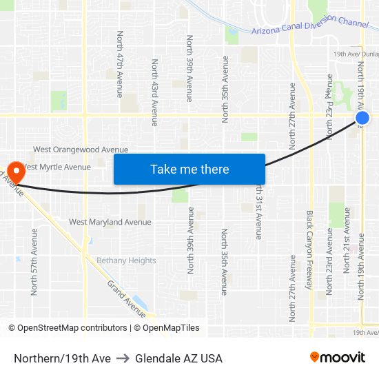 Northern/19th Ave to Glendale AZ USA map