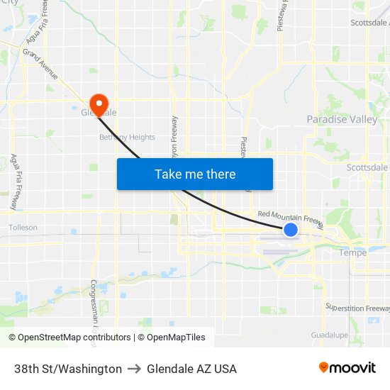 38th St/Washington to Glendale AZ USA map