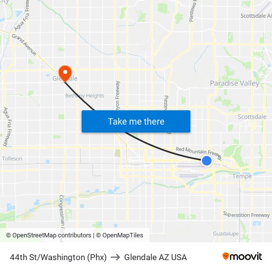 44th St/Washington (Phx) to Glendale AZ USA map