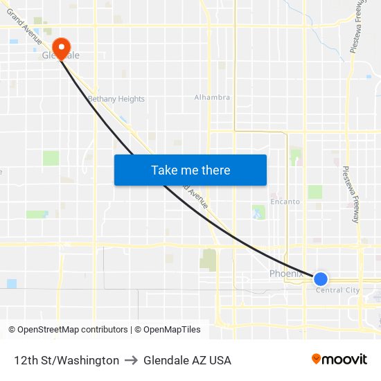 12th St/Washington to Glendale AZ USA map