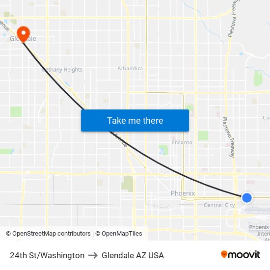 24th St/Washington to Glendale AZ USA map