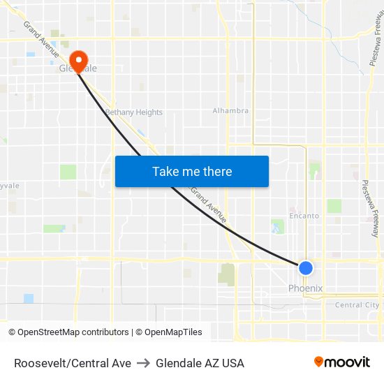 Roosevelt/Central Ave to Glendale AZ USA map