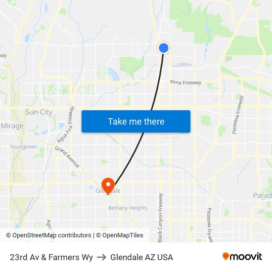 23rd Av & Farmers Wy to Glendale AZ USA map