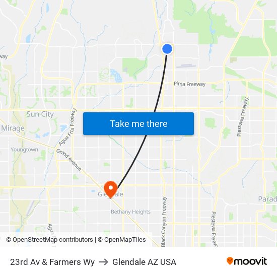 23rd Av & Farmers Wy to Glendale AZ USA map