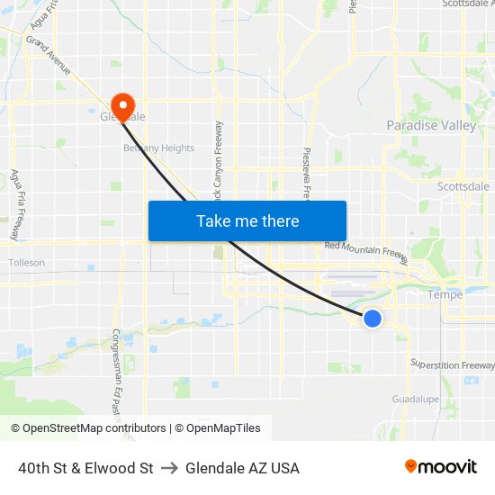 40th St & Elwood St to Glendale AZ USA map