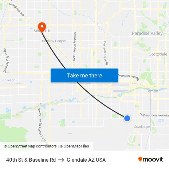 40th St & Baseline Rd to Glendale AZ USA map