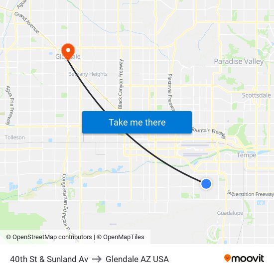 40th St & Sunland Av to Glendale AZ USA map
