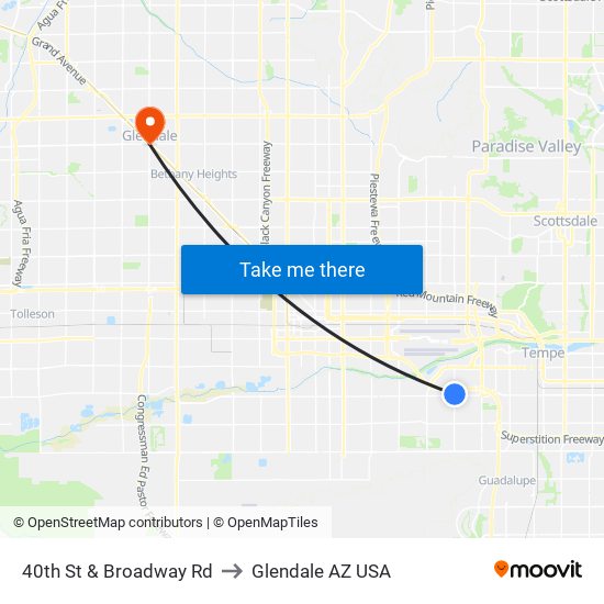 40th St & Broadway Rd to Glendale AZ USA map