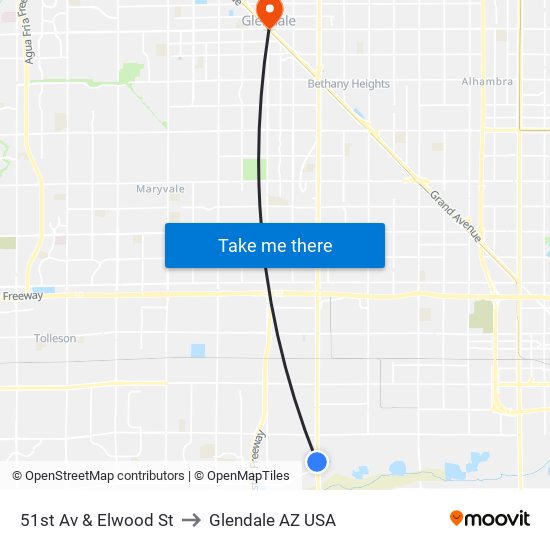 51st Av & Elwood St to Glendale AZ USA map