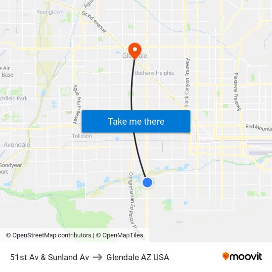 51st Av & Sunland Av to Glendale AZ USA map