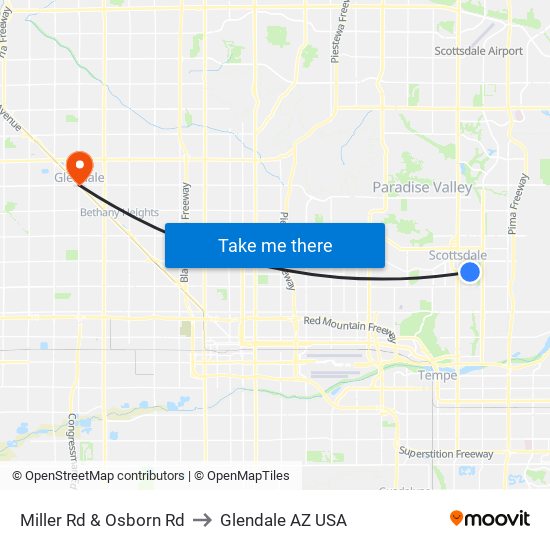 Miller Rd & Osborn Rd to Glendale AZ USA map