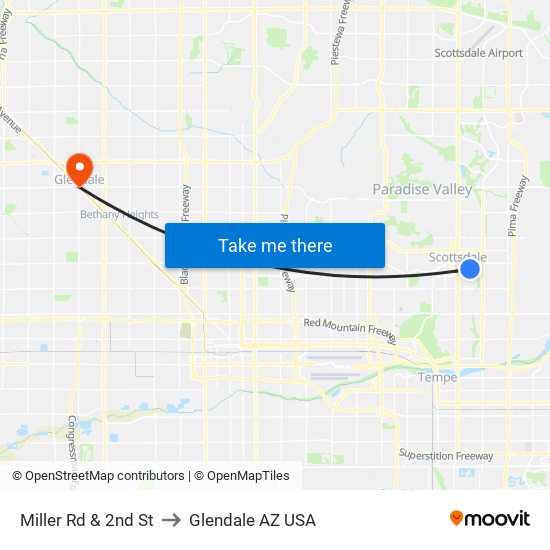 Miller Rd & 2nd St to Glendale AZ USA map