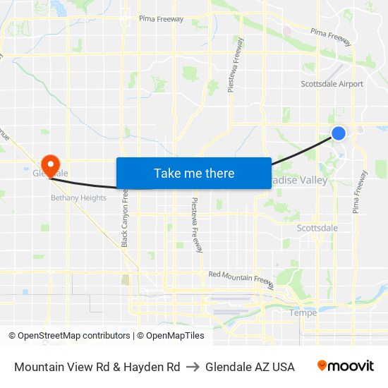 Mountain View Rd & Hayden Rd to Glendale AZ USA map