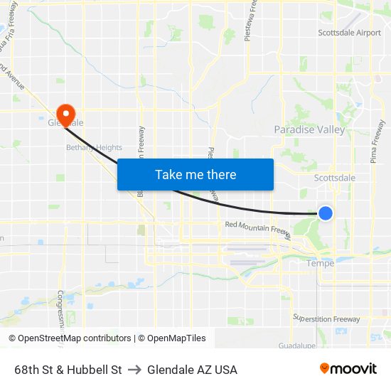 68th St & Hubbell St to Glendale AZ USA map