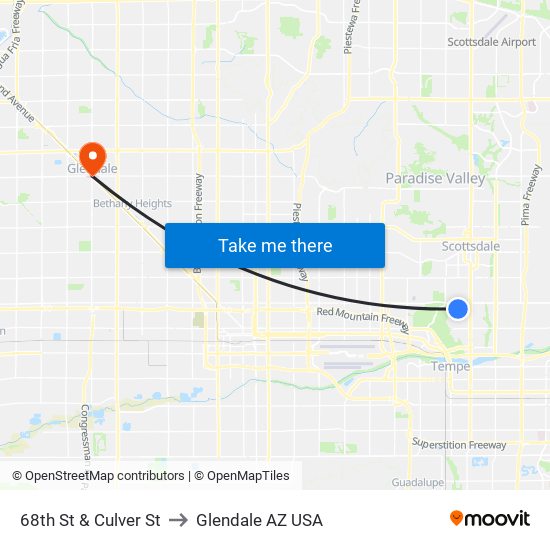 68th St & Culver St to Glendale AZ USA map