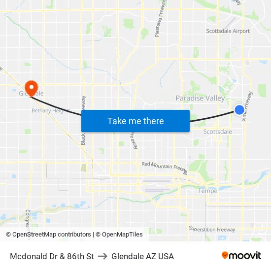 Mcdonald Dr & 86th St to Glendale AZ USA map