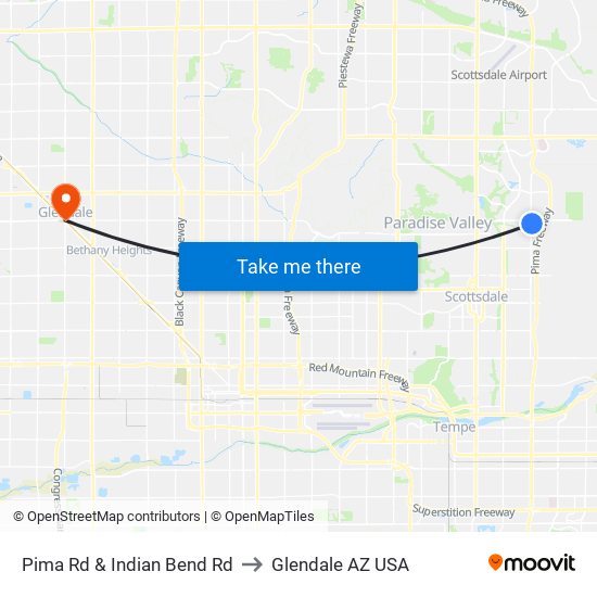 Pima Rd & Indian Bend Rd to Glendale AZ USA map