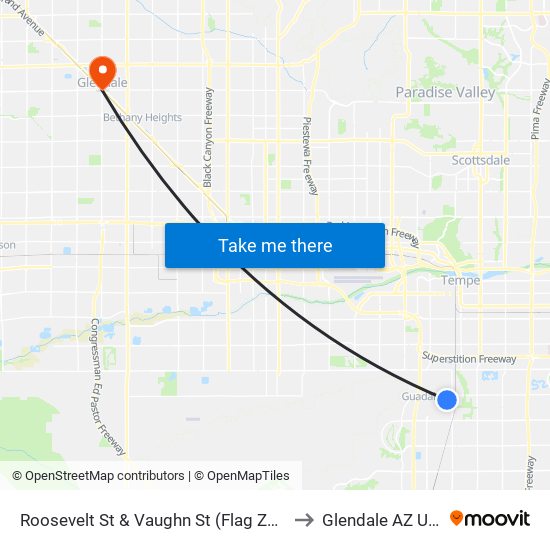 Roosevelt St & Vaughn St (Flag Zone) to Glendale AZ USA map