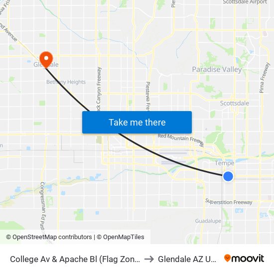 College Av & Apache Bl (Flag Zone) to Glendale AZ USA map