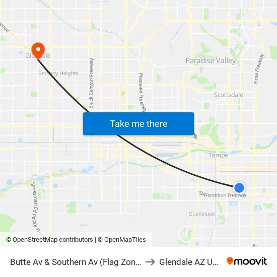 Butte Av & Southern Av (Flag Zone) to Glendale AZ USA map