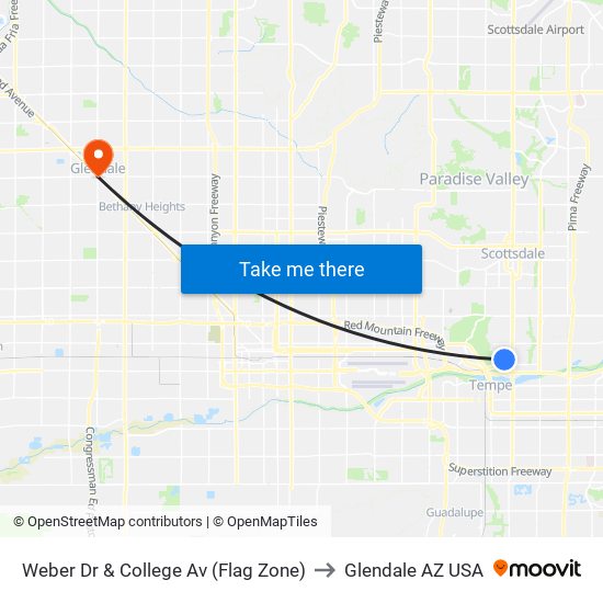 Weber Dr & College Av (Flag Zone) to Glendale AZ USA map