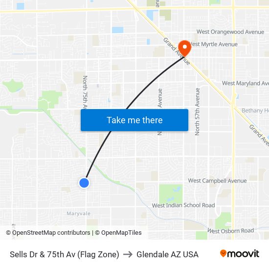 Sells Dr & 75th Av (Flag Zone) to Glendale AZ USA map