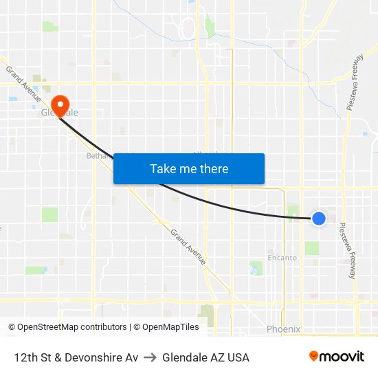 12th St & Devonshire Av to Glendale AZ USA map