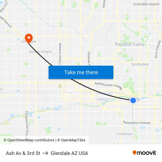 Ash Av & 3rd St to Glendale AZ USA map