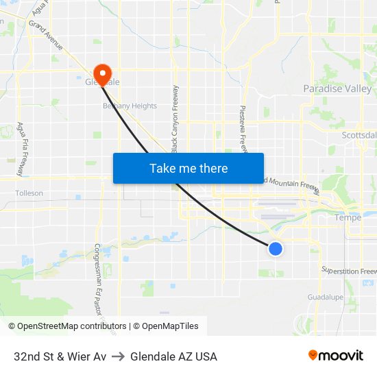 32nd St & Wier Av to Glendale AZ USA map