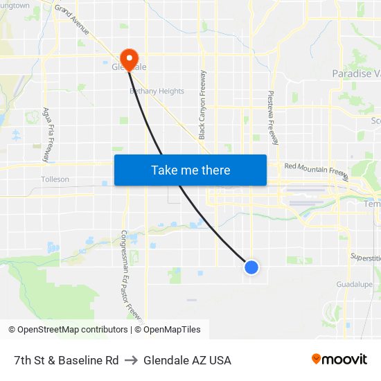 7th St & Baseline Rd to Glendale AZ USA map