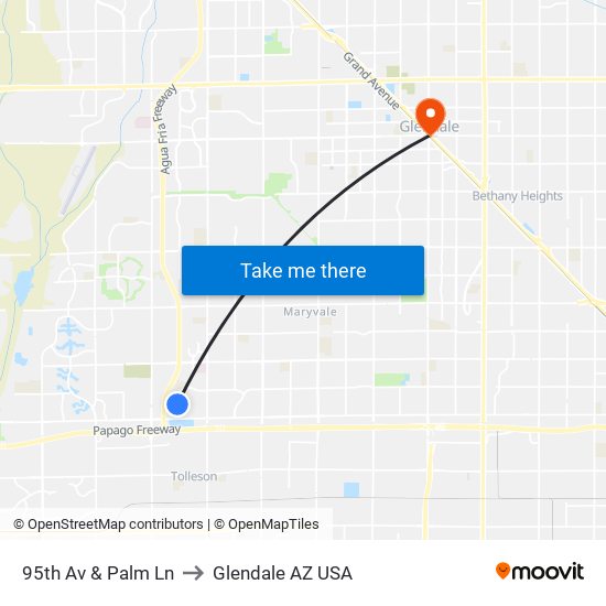 95th Av & Palm Ln to Glendale AZ USA map